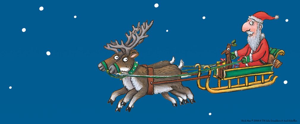 A digital illustration of Father Christmas and Stick Man in a sleigh in the sky.