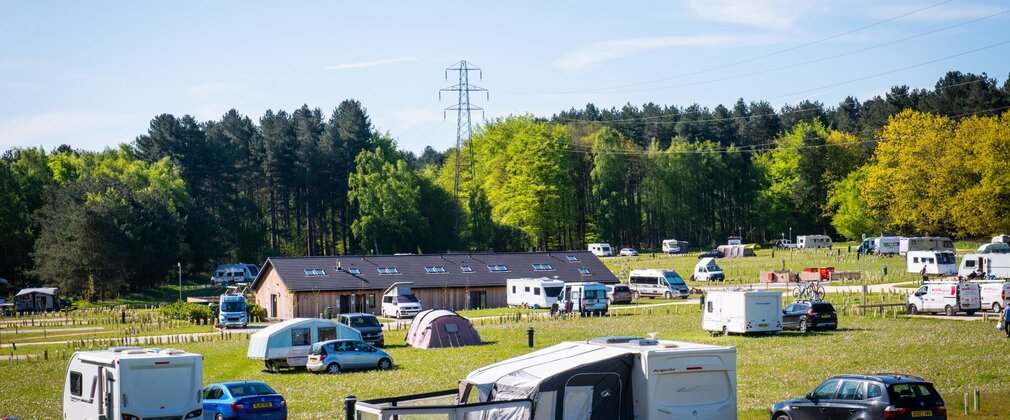 A selection of caravans and motorhomes at Sherwood Pines Campsite