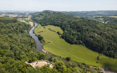 Aerial image of a river with forest on either side