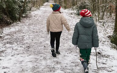 Two children, seen from behind, wearing winter coats and hats on a snowy forest path.