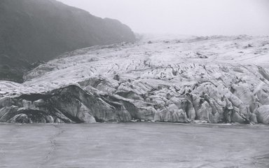 Black and white photo of melting glacier