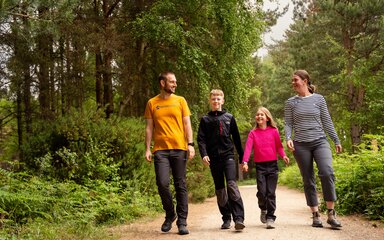 family of four walking through s forest