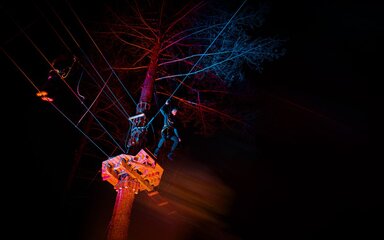 A Go ape participant gets ready to jump off the zip wire during a colourful sundown session
