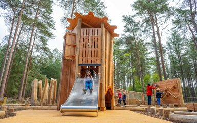 Wooden play area with child coming down slide in a forest setting