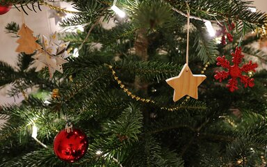Close-up of decorations on a real Christmas tree.