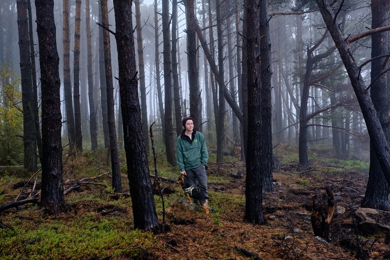 Woman stood amongst Dark tree trunks in the heart of the forest