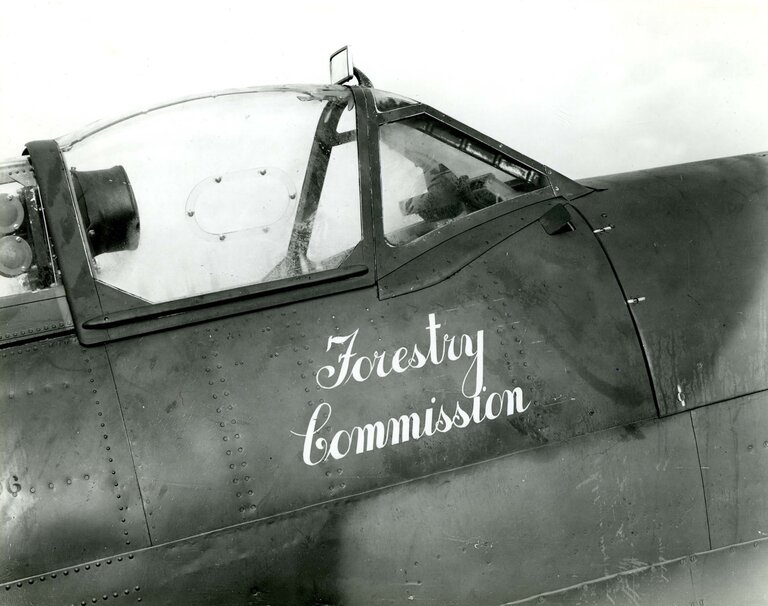 Black and white archive image from around 1940 showing 'Forestry Commission' painted on a Spitfire plane.