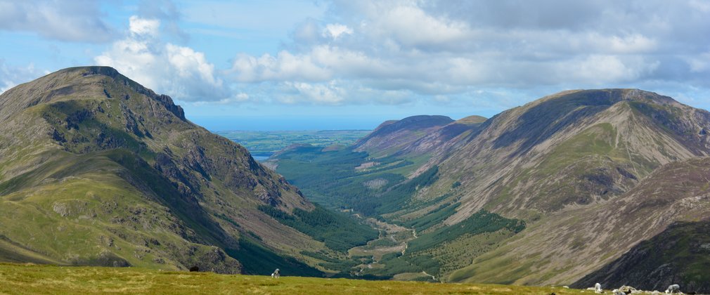 A view from a mountain looking down a wooded valley