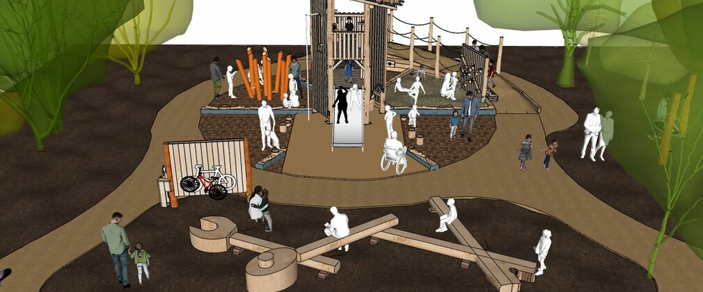 3D design of a bicycle themed play area featuring families playing on the equipment