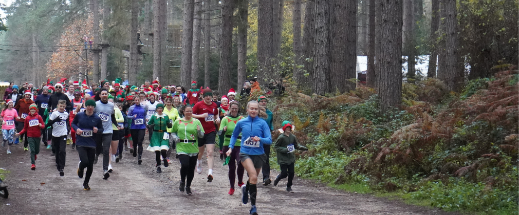 Runners in festive outfits in a forest