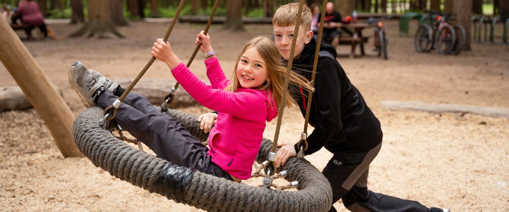 A girl on a swing being pushed by a boy, in the background are trees and people sitting on benches