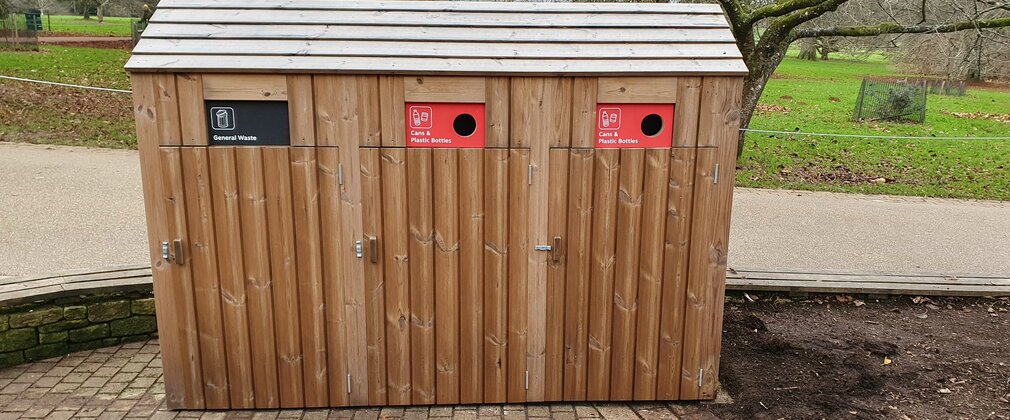outdoor wooden waste collection and recycling bins