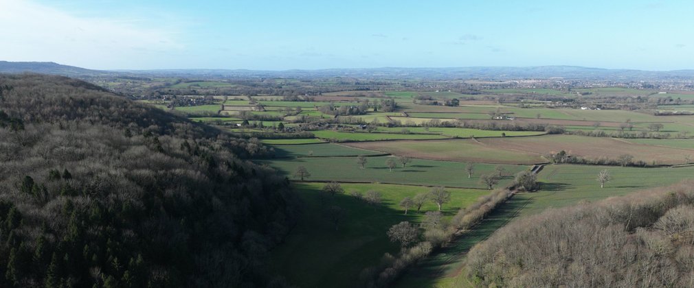 Aerial view of wooded areas and open fields with blue sky on the horizon