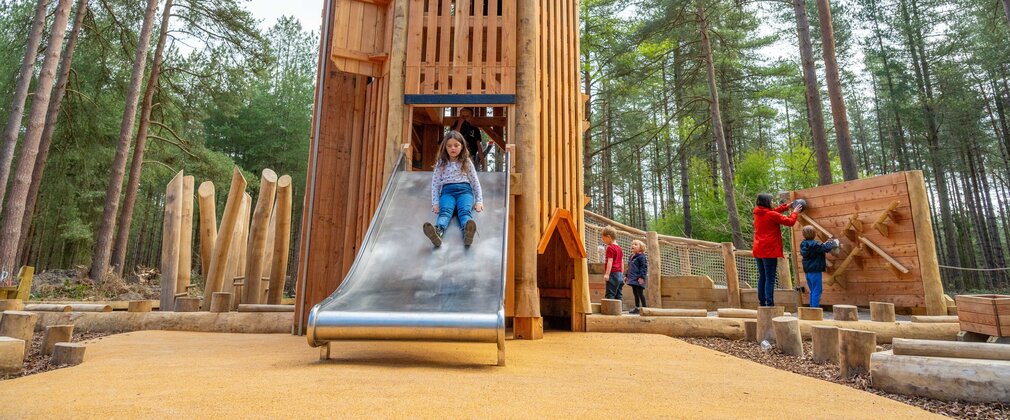 Wooden play area with child coming down slide in a forest setting
