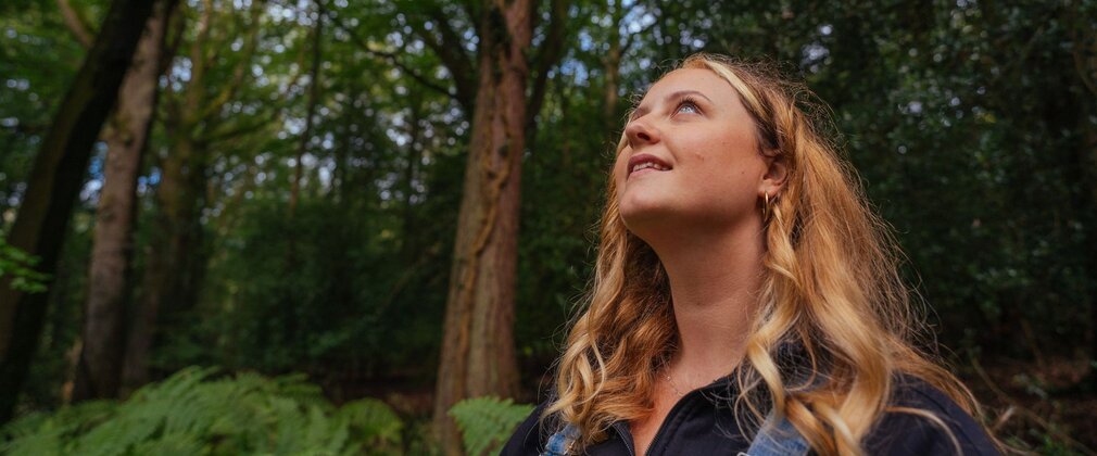 Woman in the forest, looking up into the trees.