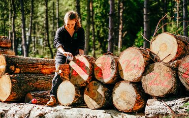 woman working with timber in a forest