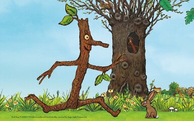 Digital illustration of Julia Donaldson's character Stick Man, running near a large tree.
