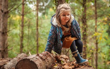 A young girl wearing a coat and wellington boots crouches on top of a log covered in autumn leaves.