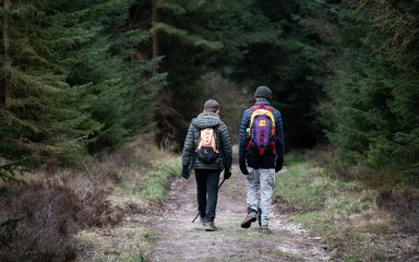 Two people walking down a forest trail