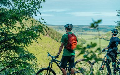 Two people standing with bikes looking out over a view from the forest, with blue sky and green foliage