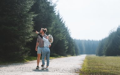 A couple on a forest road in a conifer forest pointing at the trees