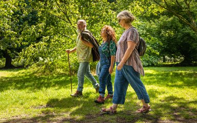 A man and two women walking a lush green forest