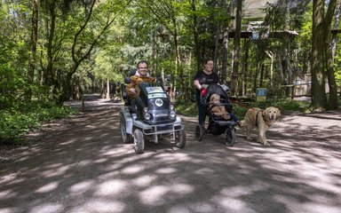 Man using mobility scooter, alongside a woman pushing a pram and walking a dog