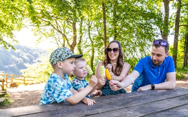 A man, woman, and two young boys wearing summer clothes holding ice creams as they sit on a picnic table in a forest setting.
