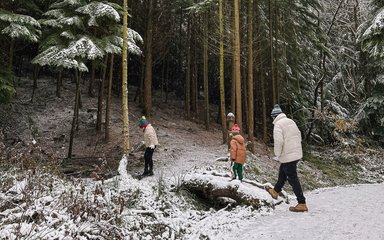 A man and two children wearing coats and woolly hats in a snowy forest.