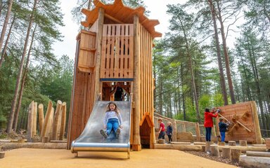 Children and adults in a woodland play area.