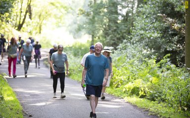 Group of people walking along path