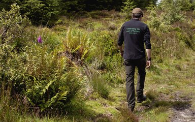 Ranger walking through forest  