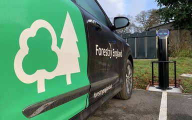 A close up of a car that has the Forestry England logo next to an electric charging point