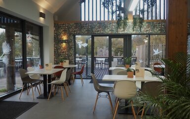 Interior of Beechenhurst cafe showing tables and chairs in front of a large window.