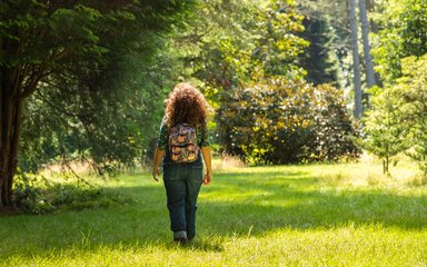 Woman walking on sunny day surrounded by the bright green forest