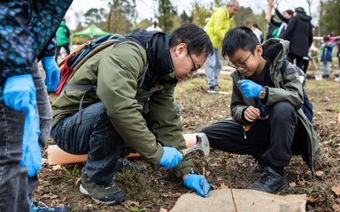 An adult and child work together to plant a tree. The adult male is using a hammer to knock wooden pegs into a woollen mulch matt around a sapling, whilst the child watches smiling. There is more tree planting activity out of focus in the background.