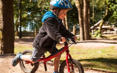 Child riding a balance bike in the forest