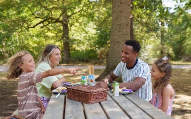 A man, woman, girl and boy sitting at a picnic table with a basket and food items on display