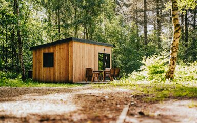 Wood cabin with table and chairs surrounded by trees