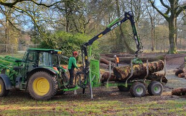 A tractor with large tree limbs on the back uses a large crane to hoist them into place.