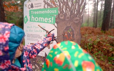 The backs of two children pointing sticks at a Stick Man branded panel in the forest