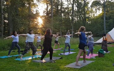 Group of people practicing yoga in the forest