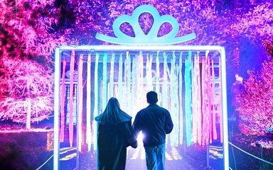 A couple walking under a present installation on an illuminated trail