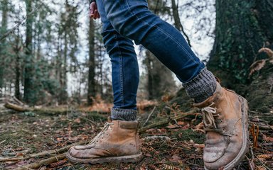 A pair of legs shown from the knees down, wearing well-worn walking boots, on a forest floor.