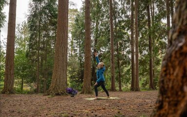 A woman doing a standing stretch on a yoga mat in a forest clearing.