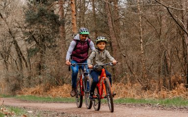 A man and boy wearing cycling helmets cycling on a forest path next to autumn trees