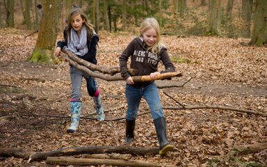 Two girls carrying branches to build a den in the woods