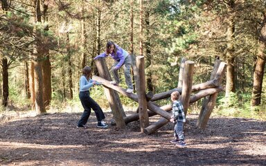 Three children climbing on a wooden play structure in the forest.