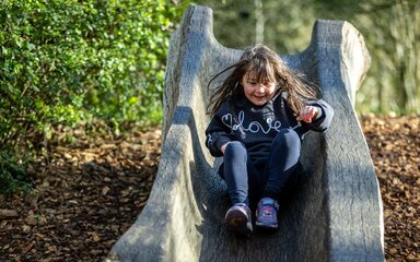 A young girl slides down a wooden tree trunk slide.