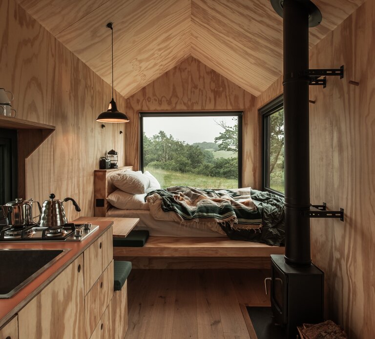 Interior of a modern wooden cabin